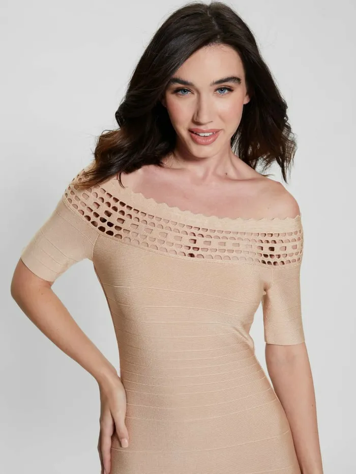 Women Dresses and Jumpsuits GUESS Gabriela OfftheShoulder Bandage Dress Foamy Taupe Multi Women Dresses and Jumpsuits GUESS Gabriela OfftheShoulder Bandage Dress Foamy Taupe Multi