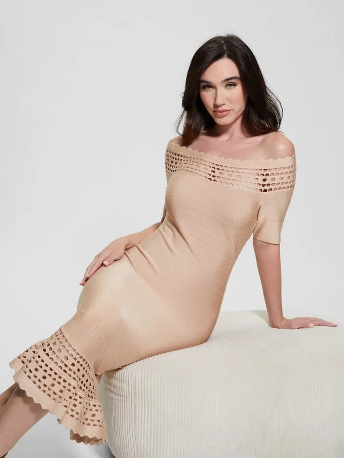 Women Dresses and Jumpsuits GUESS Gabriela OfftheShoulder Bandage Dress Foamy Taupe Multi Women Dresses and Jumpsuits GUESS Gabriela OfftheShoulder Bandage Dress Foamy Taupe Multi