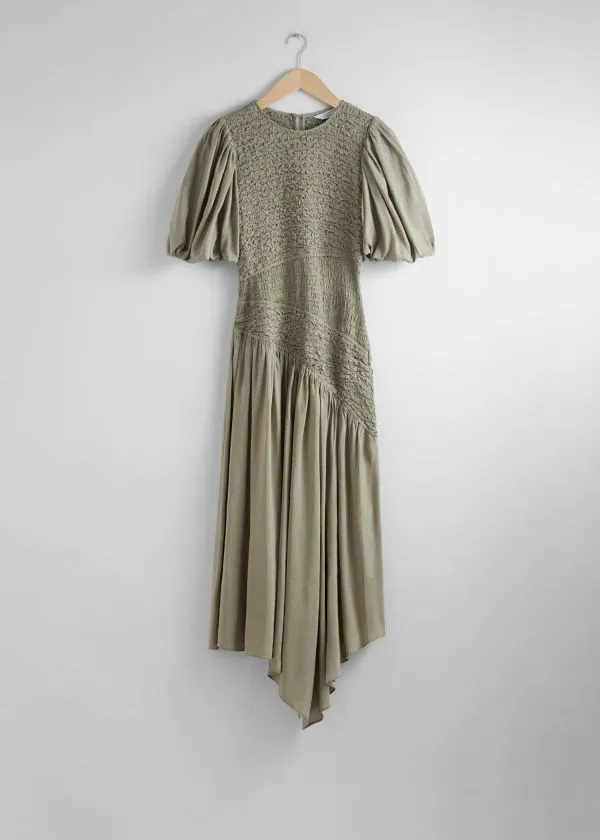 Women Dresses and Other Stories Smocked Asymmetric Midi Dress Khaki