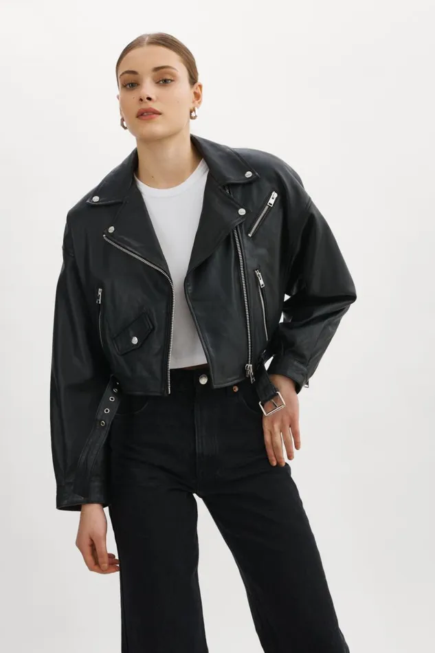 Women DYLAN 80039s Leather Biker Jacket Black LAMARQUE Leather Jackets