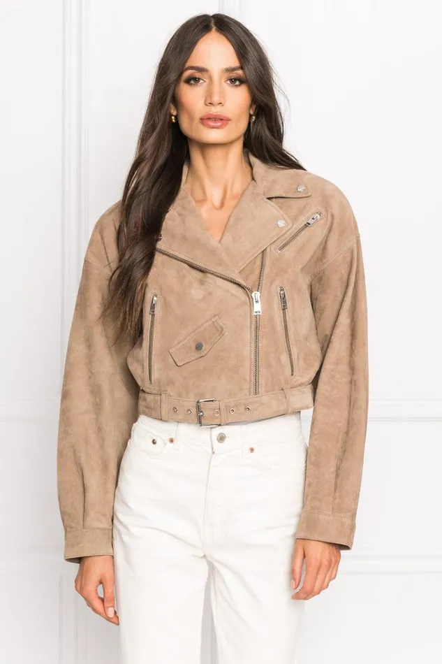 Women DYLAN 80039s Suede Biker Jacket Latte LAMARQUE Biker Jackets