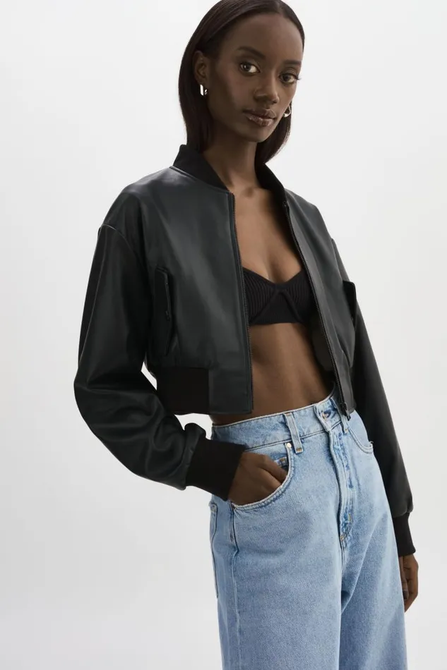 Women EVELIN Faux Leather Cropped Bomber Black LAMARQUE Leather Jackets Women EVELIN Faux Leather Cropped Bomber Black LAMARQUE Leather Jackets