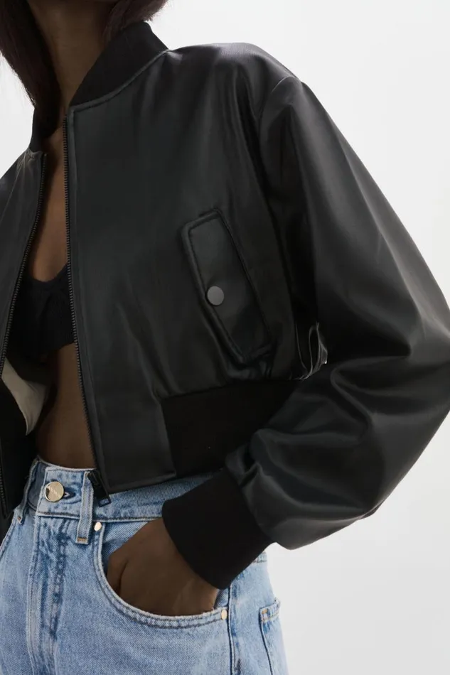 Women EVELIN Faux Leather Cropped Bomber Black LAMARQUE Leather Jackets Women EVELIN Faux Leather Cropped Bomber Black LAMARQUE Leather Jackets