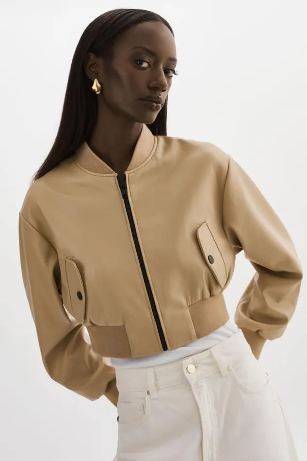 Women EVELIN Faux Leather Cropped Bomber Wheat LAMARQUE Bombers
