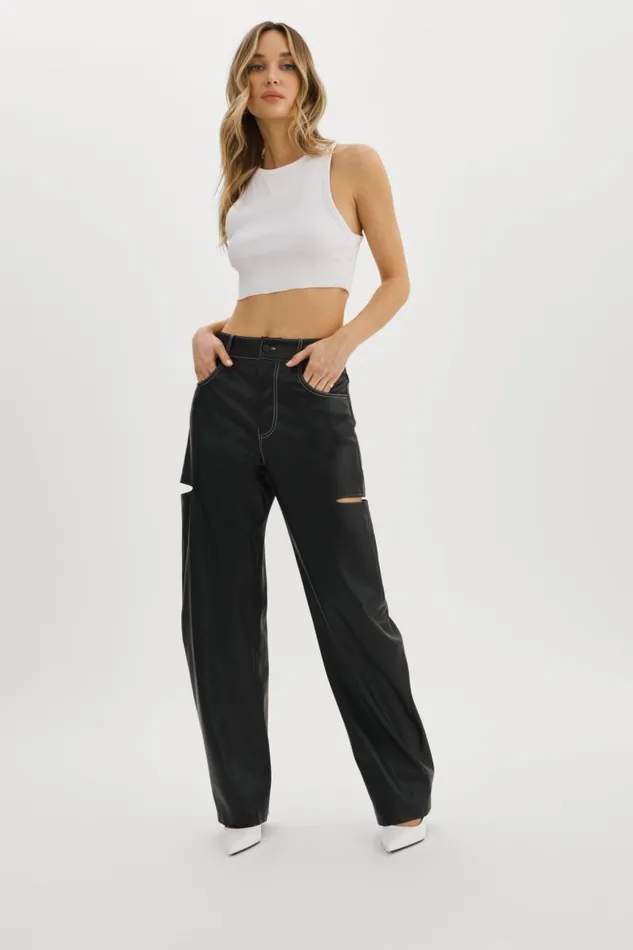 Women FALEEN Faux Leather Loose Pants Black LAMARQUE Pants and Shorts