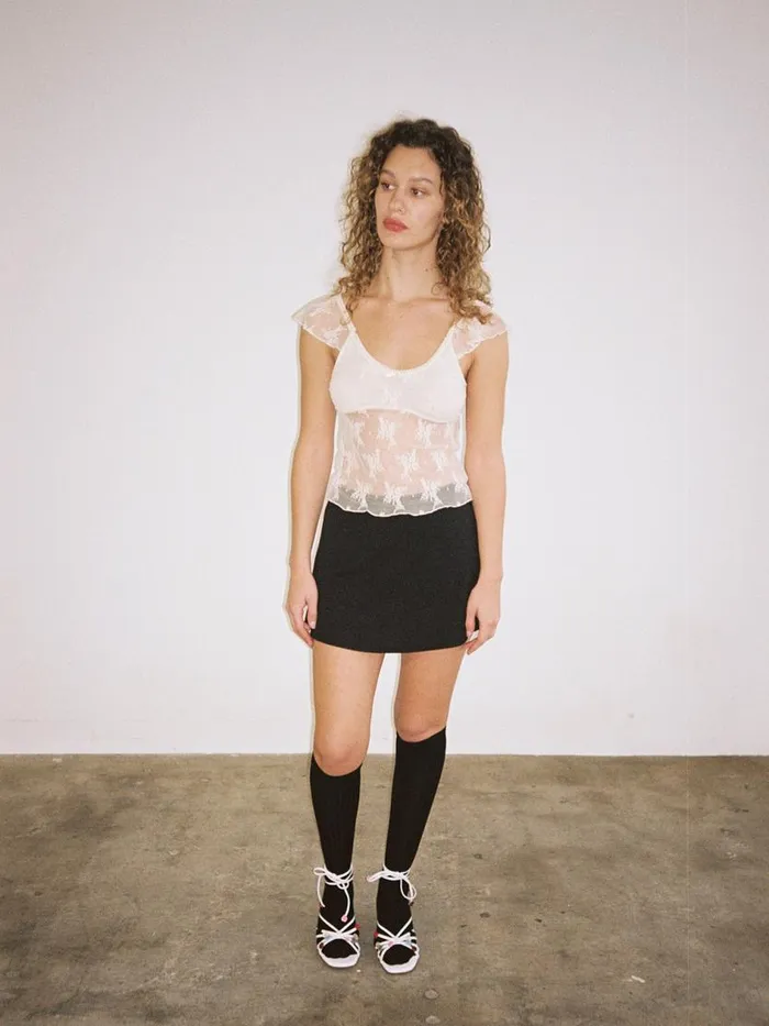 Women Floral Lace Flutter Sleeve Top Cream Lisa Says Gah Tops