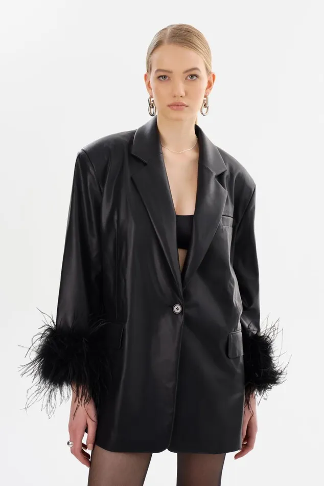 Women GALIA Feather Trim Blazer Black LAMARQUE Blazers
