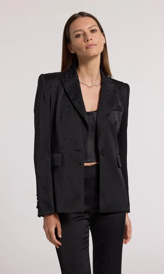 Women Generation Love Clothing Blazers and Jackets Aimee Crystal Satin Blazer Blackblack