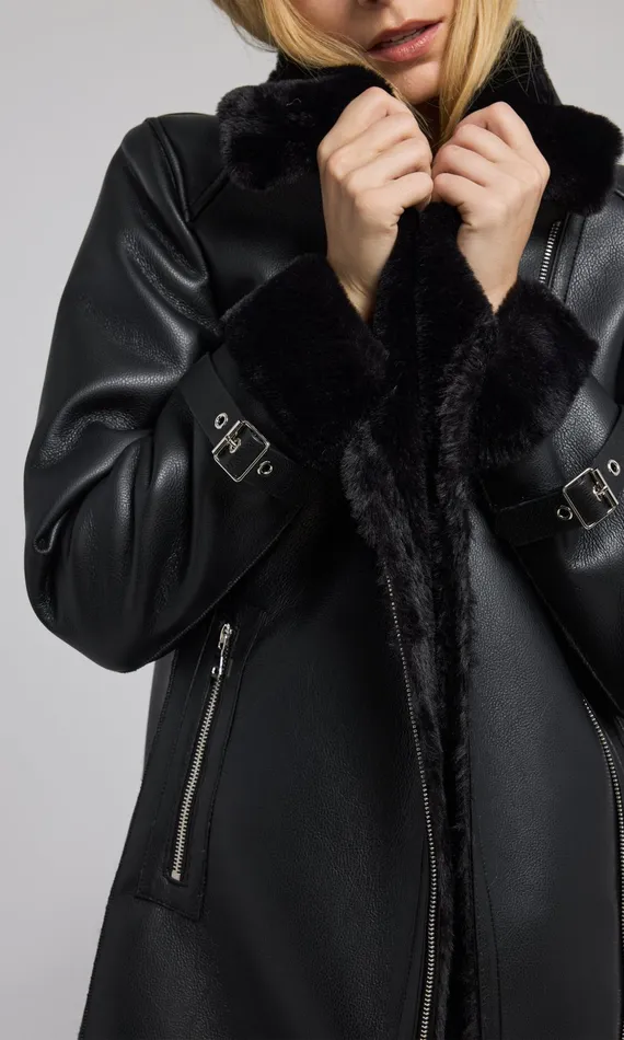Women Generation Love Clothing Outerwear Carla Vegan Leather And Faux Fur Combo Coat Black