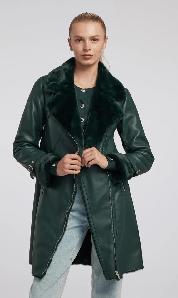 Women Generation Love Clothing Outerwear Carla Vegan Leather And Faux Fur Combo Coat Forest