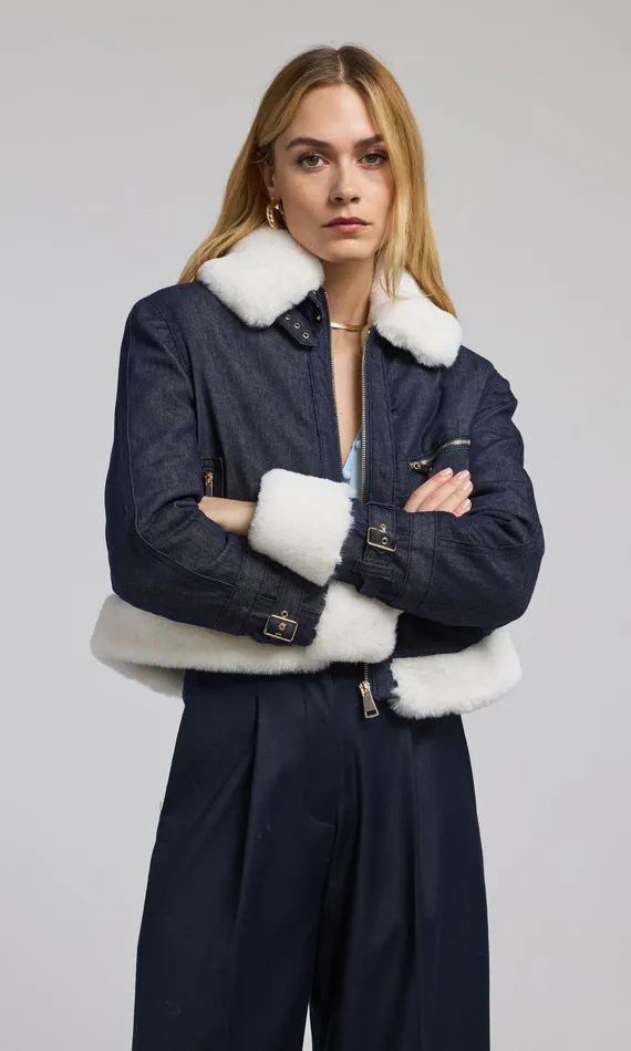 Women Generation Love Clothing Outerwear Jude Denim Faux Fur Combo Jacket Dark Denimwhite