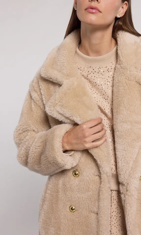 Women Generation Love Clothing Outerwear Terry Faux Lamb Fur Coat Truffle