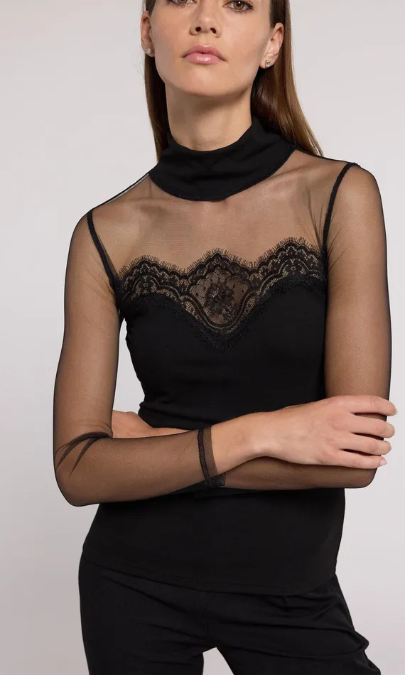 Women Generation Love Clothing Tops Brigitte Lace Combo Jersey Top Black