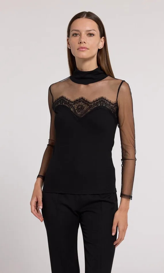 Women Generation Love Clothing Tops Brigitte Lace Combo Jersey Top Black