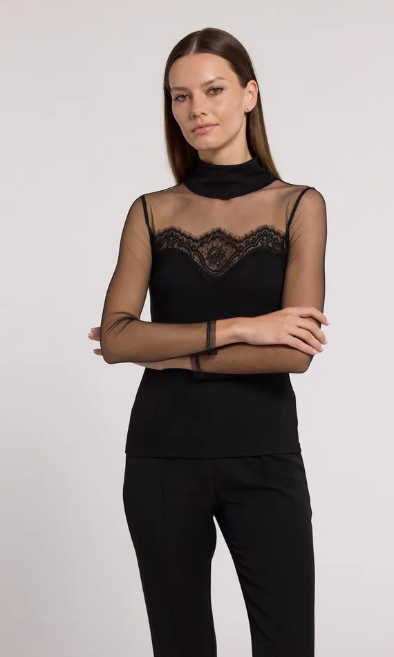 Women Generation Love Clothing Tops Brigitte Lace Combo Jersey Top Black