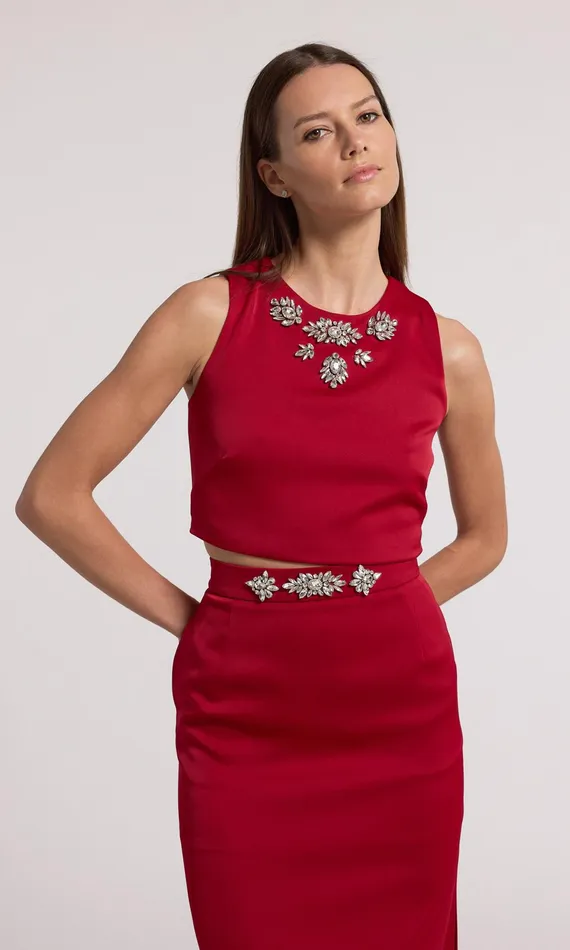 Women Generation Love Clothing Tops Opal Crystal Embellished Satin Top Rubyclear