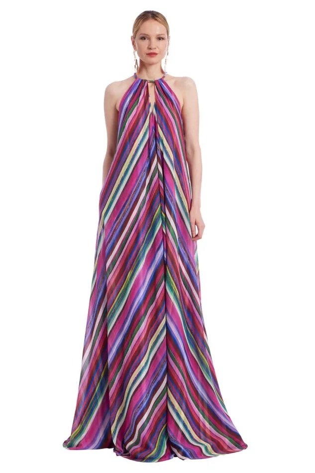 Women Gowns Badgley Mischka Halter Striped Gown Fuchsia Multi