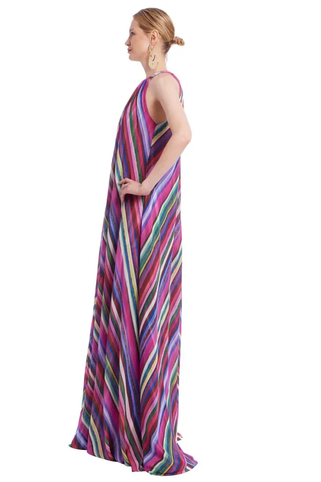 Women Gowns Badgley Mischka Halter Striped Gown Fuchsia Multi