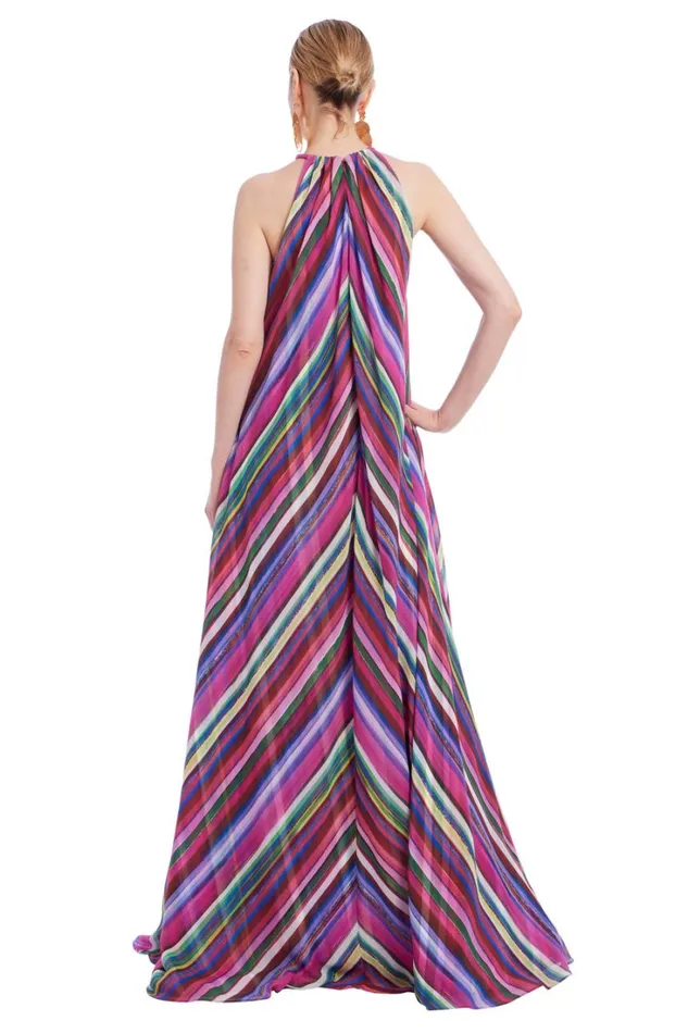 Women Gowns Badgley Mischka Halter Striped Gown Fuchsia Multi