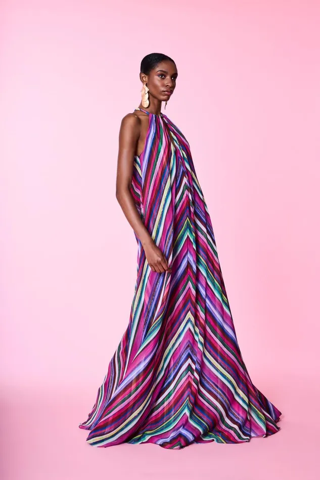 Women Gowns Badgley Mischka Halter Striped Gown Fuchsia Multi