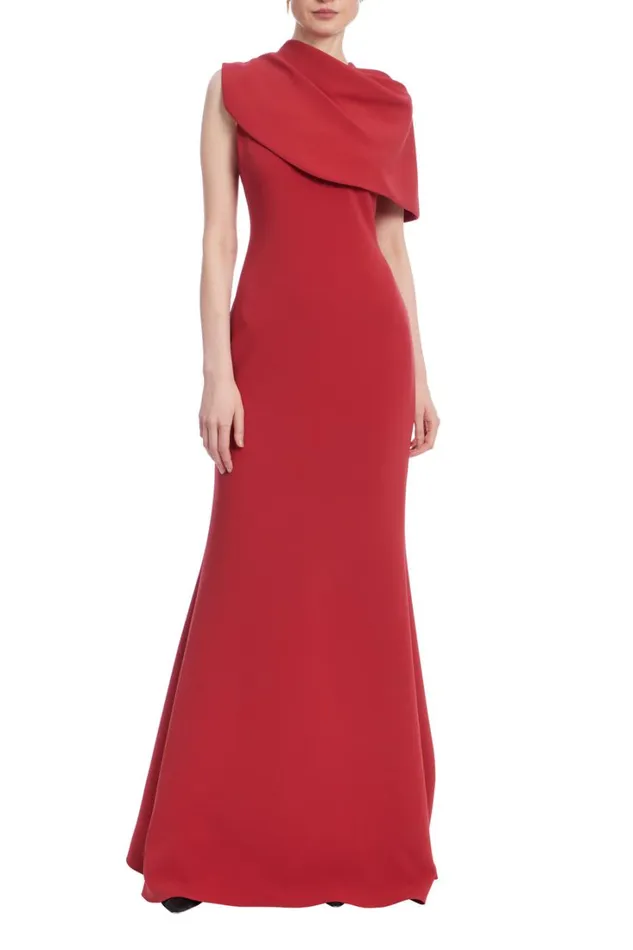 Women Gowns Badgley Mischka One Shoulder Cape Gown Red