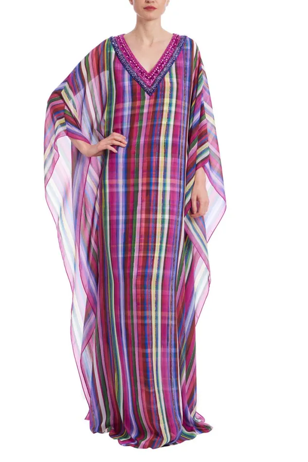 Women Gowns Badgley Mischka Striped Georgette Caftan Gown Fuchsia Multi