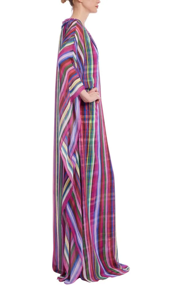 Women Gowns Badgley Mischka Striped Georgette Caftan Gown Fuchsia Multi