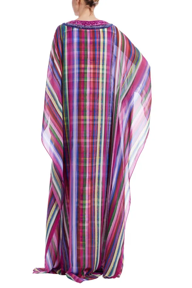 Women Gowns Badgley Mischka Striped Georgette Caftan Gown Fuchsia Multi