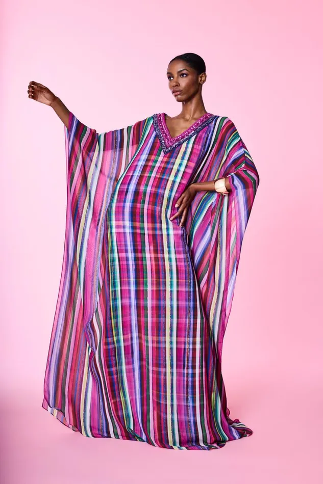 Women Gowns Badgley Mischka Striped Georgette Caftan Gown Fuchsia Multi