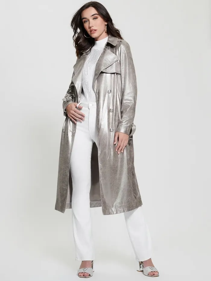Women GUESS Eco Adele Belted Trench Coat Dark Beige Jackets and Coats