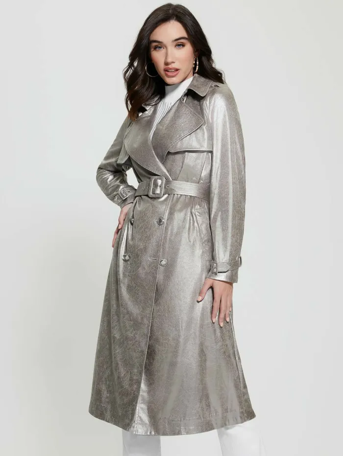 Women GUESS Eco Adele Belted Trench Coat Dark Beige Jackets and Coats