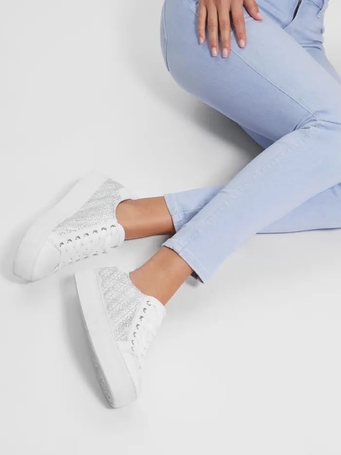 Women GUESS Gelsen Rhinestone Logo LowTop Sneakers Silver 040 Sneakers
