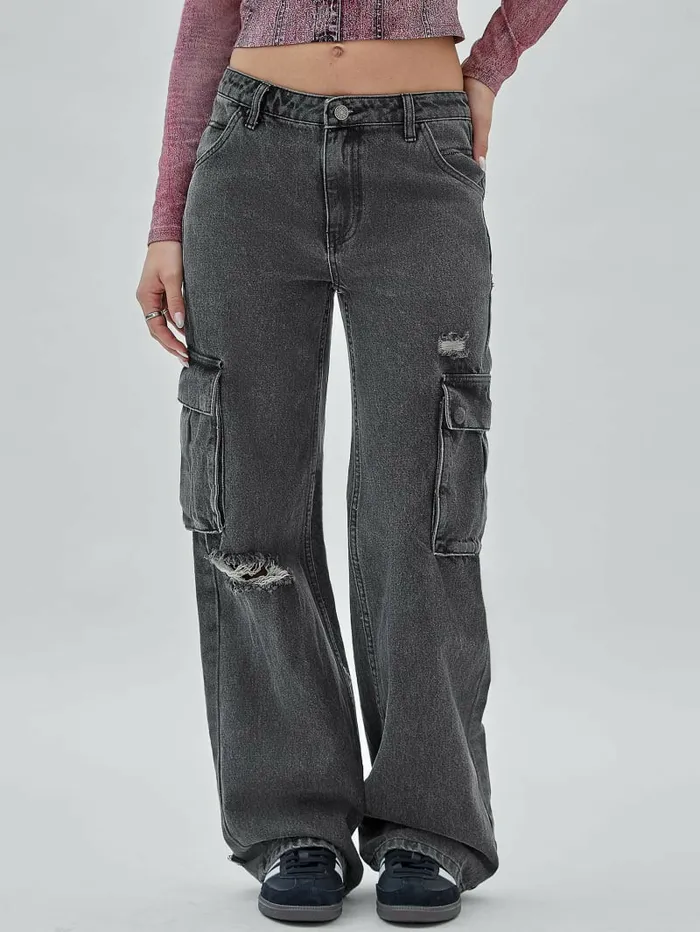 Women GUESS GUESS Originals Kit Cargo Distressed Jeans Go Washed Grey Bottoms
