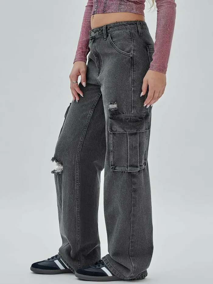 Women GUESS GUESS Originals Kit Cargo Distressed Jeans Go Washed Grey Bottoms Women GUESS GUESS Originals Kit Cargo Distressed Jeans Go Washed Grey Bottoms