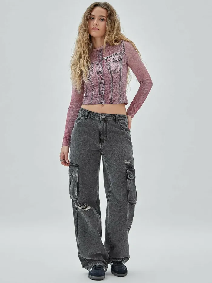 Women GUESS GUESS Originals Kit Cargo Distressed Jeans Go Washed Grey Bottoms Women GUESS GUESS Originals Kit Cargo Distressed Jeans Go Washed Grey Bottoms