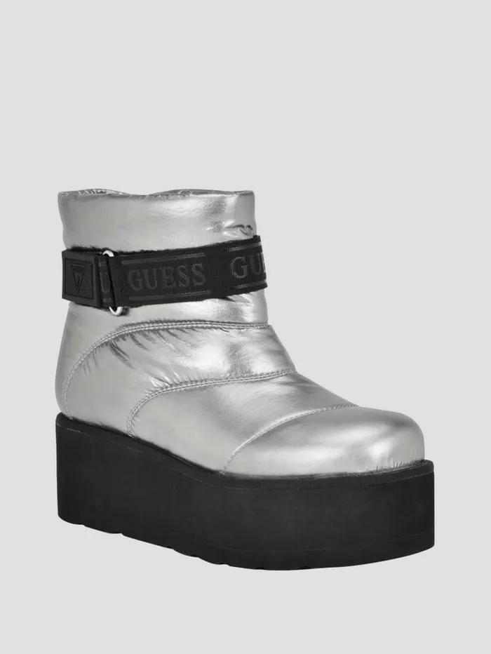 Women GUESS Jilona Metallic Platform Fur Booties Pewter Boots and Booties