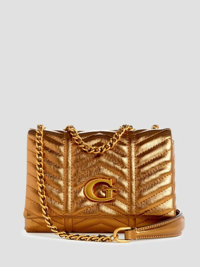 Women GUESS Lovide Metallic Mini Convertible Crossbody Bronze Handbags