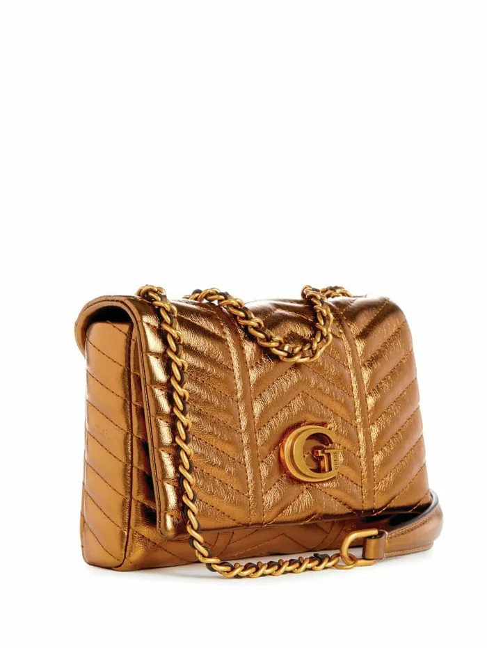 Women GUESS Lovide Metallic Mini Convertible Crossbody Bronze Handbags Women GUESS Lovide Metallic Mini Convertible Crossbody Bronze Handbags