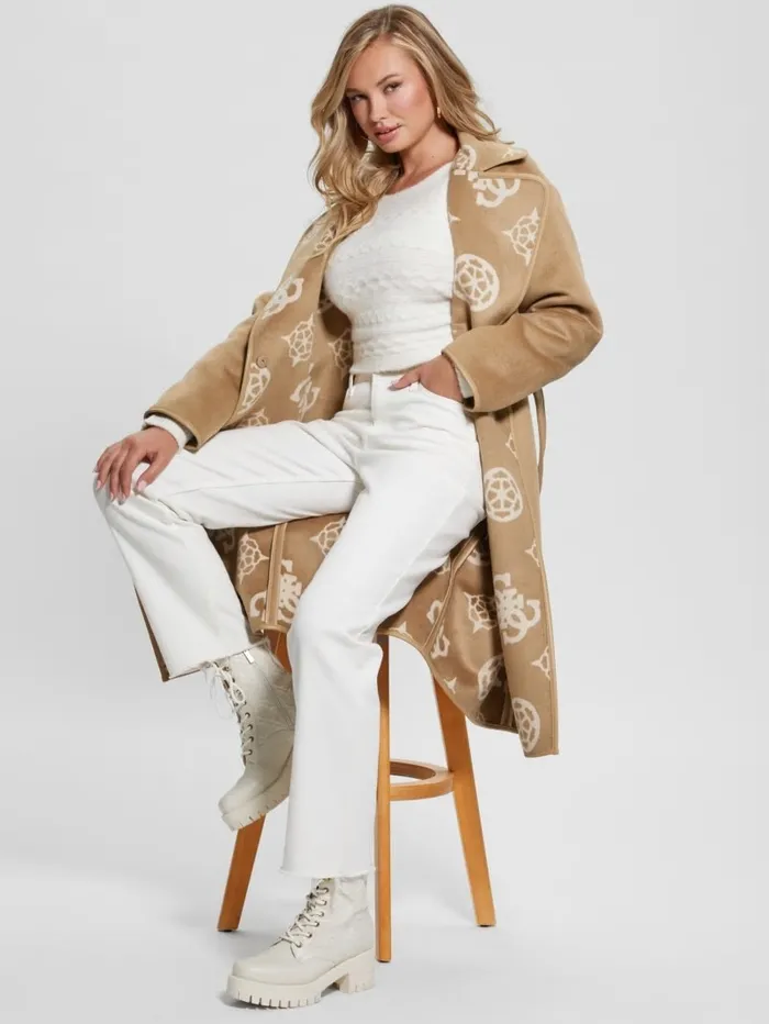 Women GUESS Ludovica WoolBlend Wrap Coat Jacquard Logo Beige Combo Jackets and Coats Women GUESS Ludovica WoolBlend Wrap Coat Jacquard Logo Beige Combo Jackets and Coats