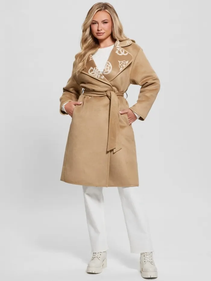 Women GUESS Ludovica WoolBlend Wrap Coat Jacquard Logo Beige Combo Jackets and Coats