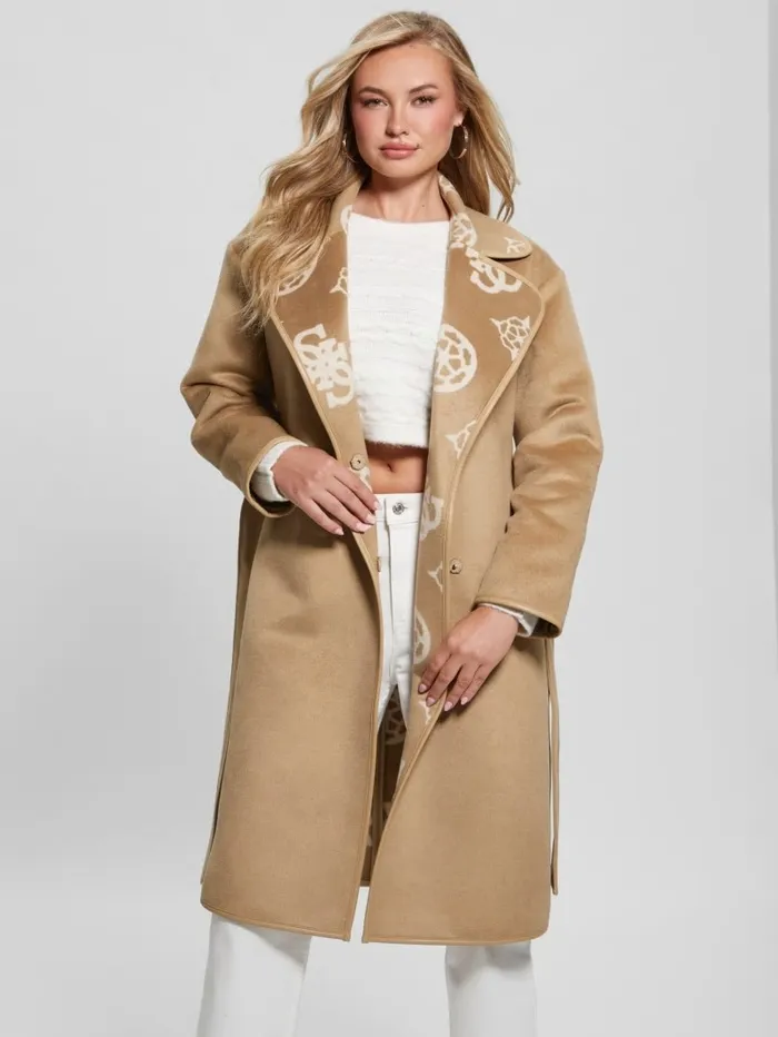 Women GUESS Ludovica WoolBlend Wrap Coat Jacquard Logo Beige Combo Jackets and Coats