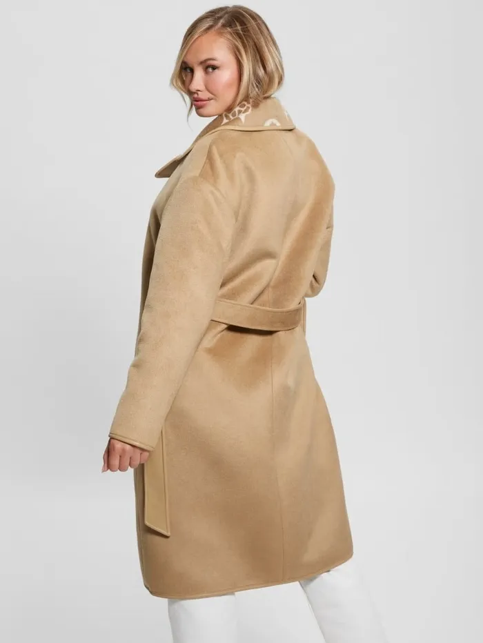 Women GUESS Ludovica WoolBlend Wrap Coat Jacquard Logo Beige Combo Jackets and Coats