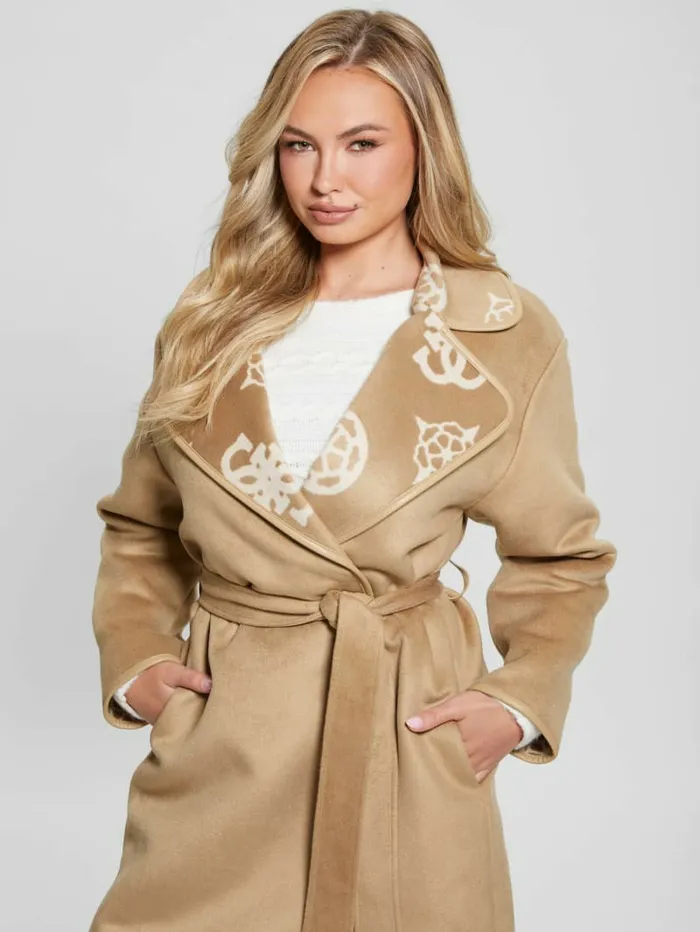 Women GUESS Ludovica WoolBlend Wrap Coat Jacquard Logo Beige Combo Jackets and Coats