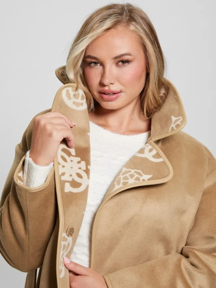 Women GUESS Ludovica WoolBlend Wrap Coat Jacquard Logo Beige Combo Jackets and Coats