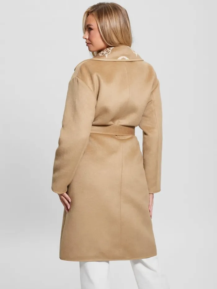Women GUESS Ludovica WoolBlend Wrap Coat Jacquard Logo Beige Combo Jackets and Coats