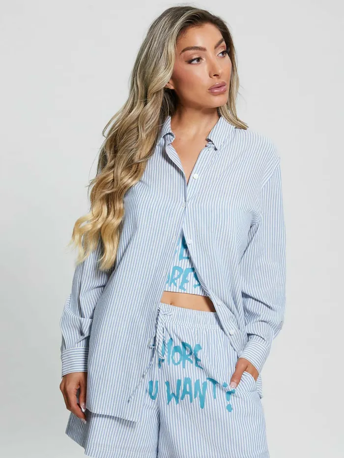Women GUESS Oversized Striped Slogan Shirt All I Do Is Chambray Mult Tops