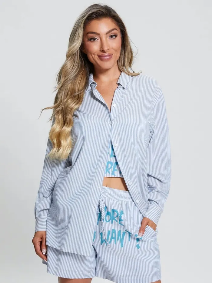Women GUESS Oversized Striped Slogan Shirt All I Do Is Chambray Mult Tops Women GUESS Oversized Striped Slogan Shirt All I Do Is Chambray Mult Tops