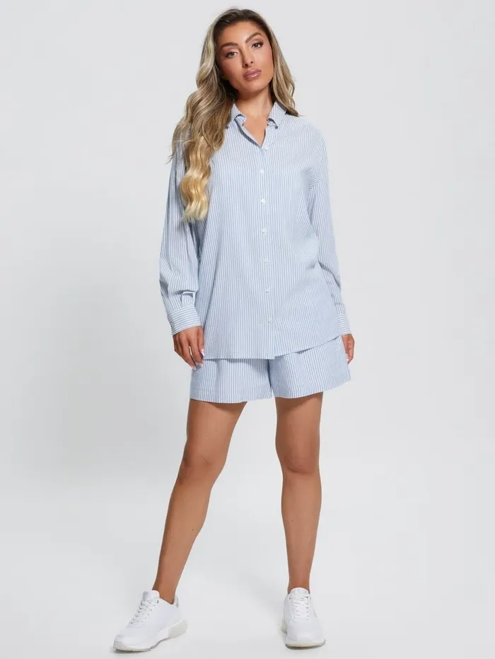 Women GUESS Oversized Striped Slogan Shirt All I Do Is Chambray Mult Tops Women GUESS Oversized Striped Slogan Shirt All I Do Is Chambray Mult Tops