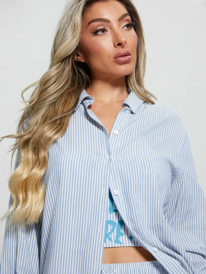 Women GUESS Oversized Striped Slogan Shirt All I Do Is Chambray Mult Tops Women GUESS Oversized Striped Slogan Shirt All I Do Is Chambray Mult Tops