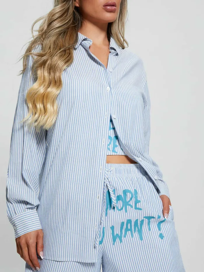 Women GUESS Oversized Striped Slogan Shirt All I Do Is Chambray Mult Tops Women GUESS Oversized Striped Slogan Shirt All I Do Is Chambray Mult Tops